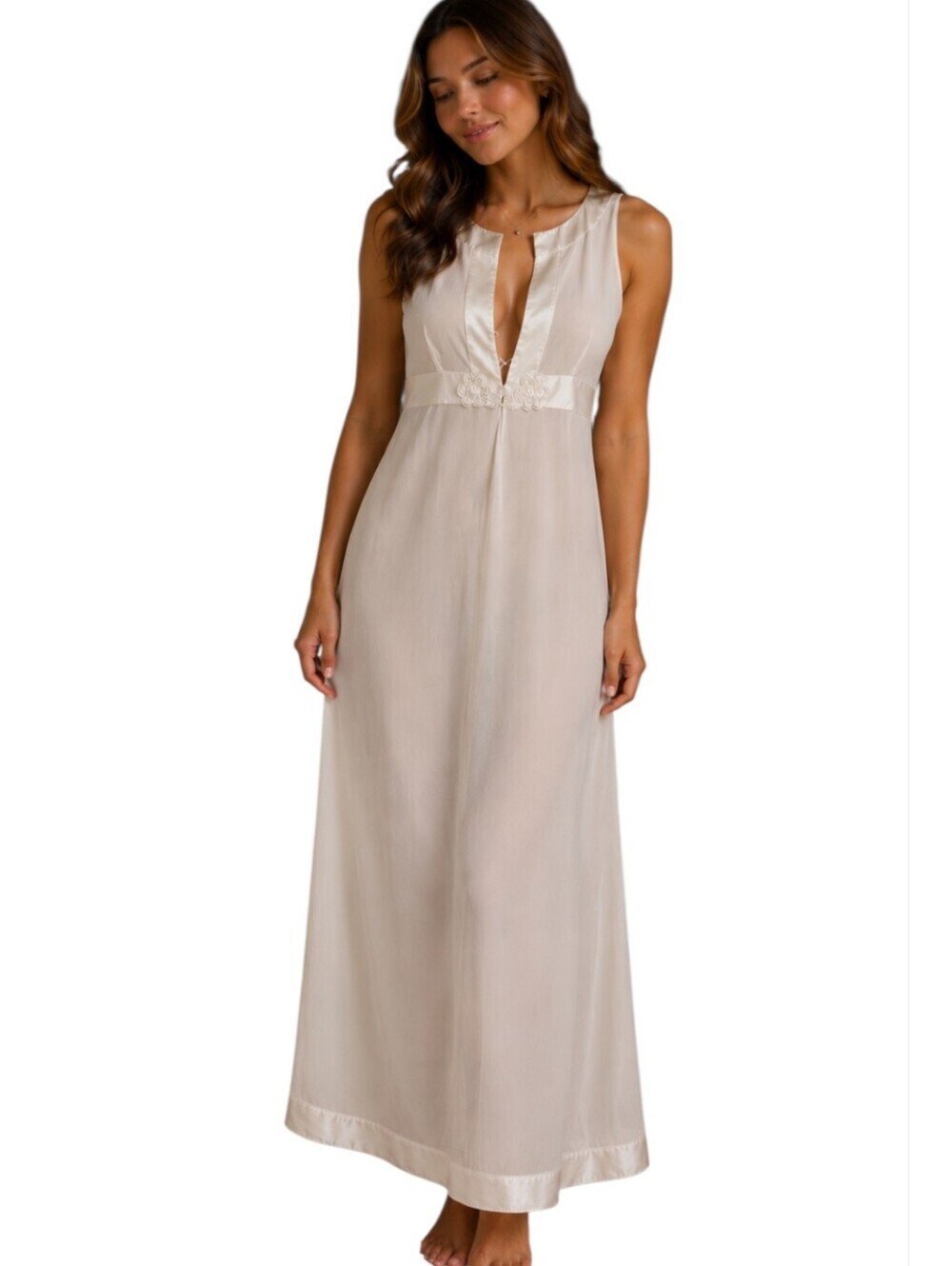Vintage 1970s Gossard Artemis Ivory Nylon Satin Trim Hostess Nightgown Small